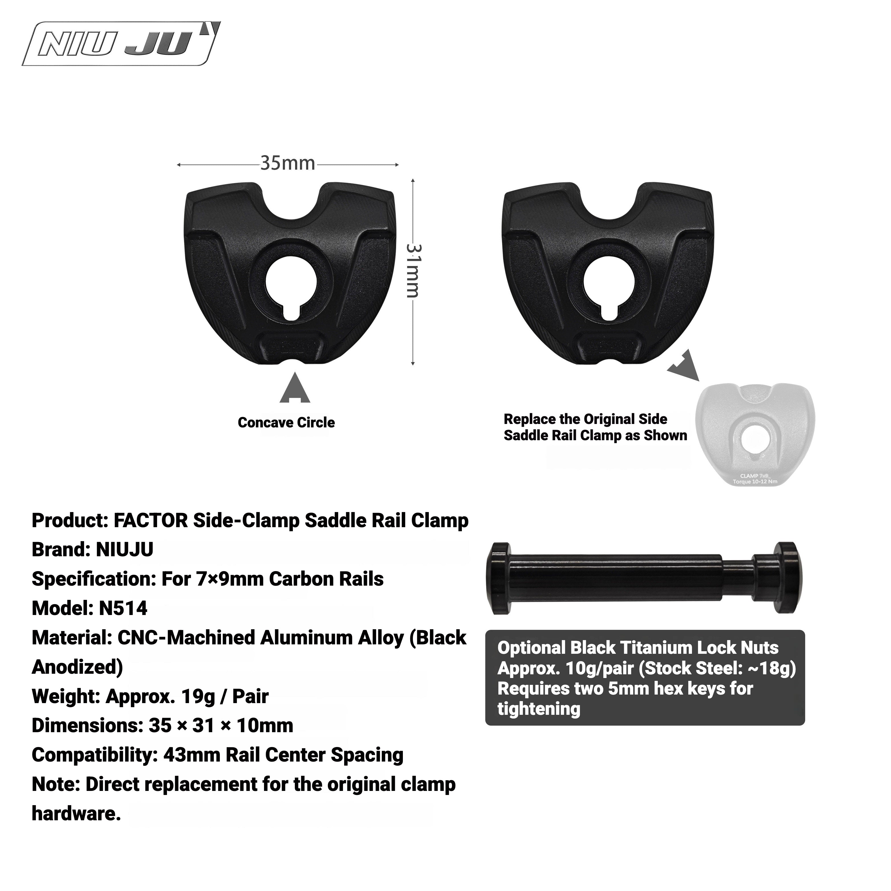 NIUJU Torque 10mm Saddle Clamp for FACTOR OSTRO VAM | 7×9mm Carbon Rail Compatible
