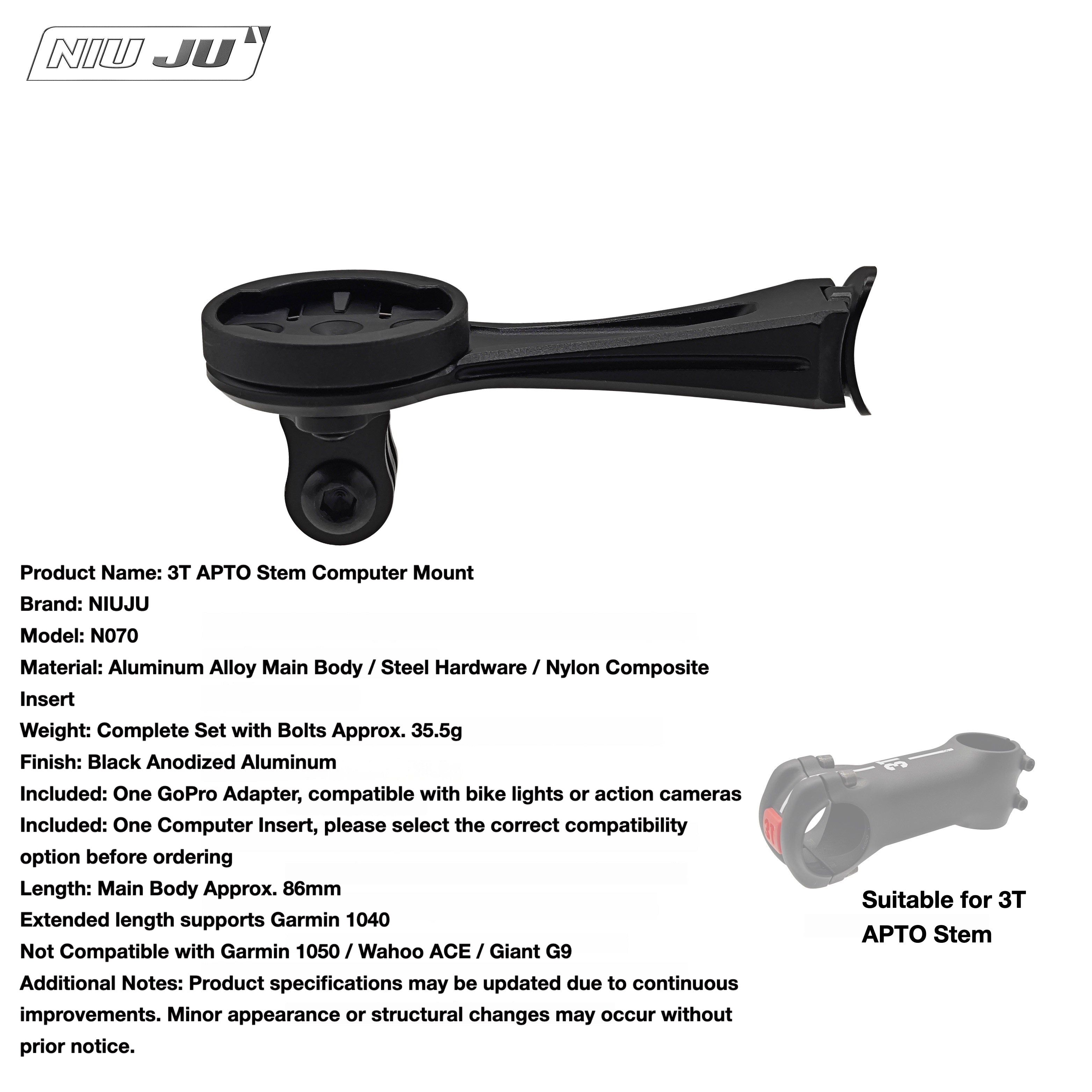 NIUJU 3T APTO Computer Mount for BARFLY & 3T Strada ICR | Garmin Wahoo GoPro Extension Mount