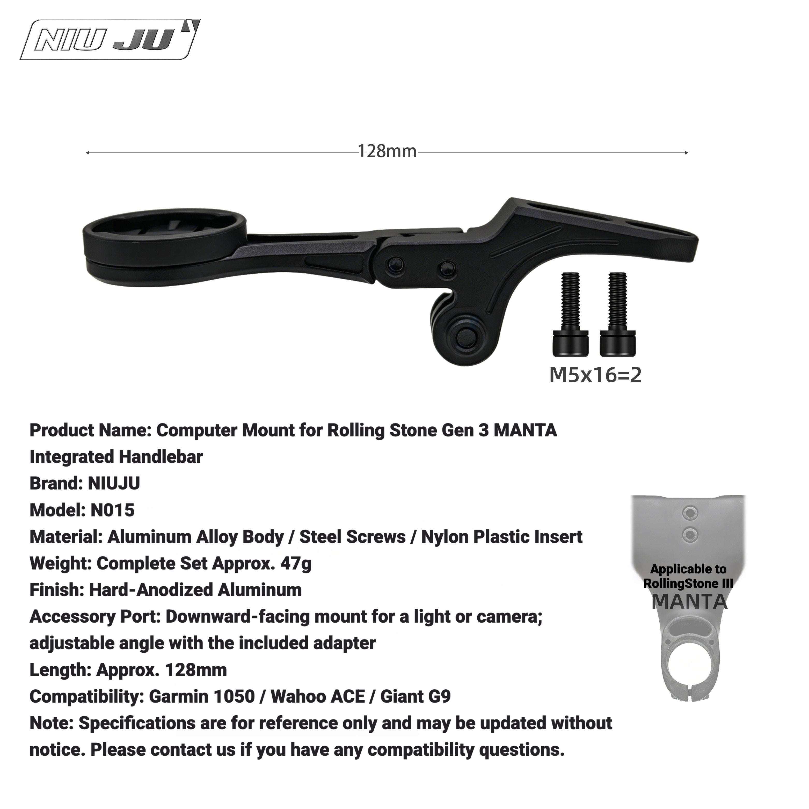 NIUJU Computer Mount for Rolling Stone Gen 3 MANTA Integrated Handlebar | Garmin 1050 / Wahoo ACE Compatible