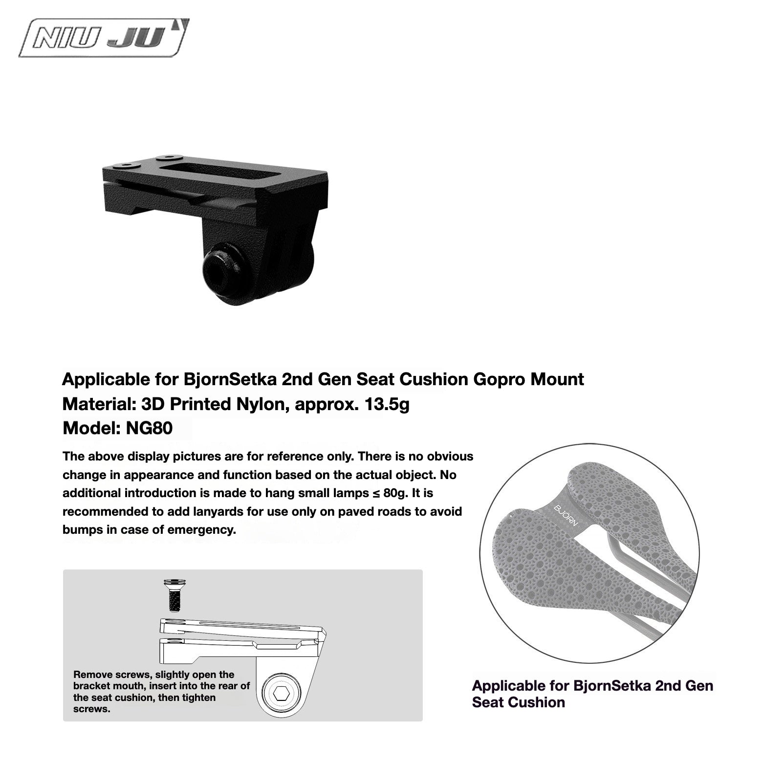 NIUJU Torque Saddle Mount for Bjorn Setka Gen 2 Saddle | GoPro Tail Light & Race Number Holder