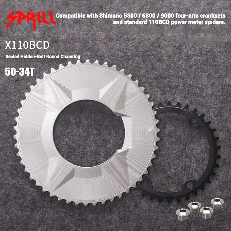 PASS QUEST SPRILL X110 3-S Full-Cover Hidden Bolt Dual Chainring | 7075 Alloy Aero Chainset | 50T-34T | 110BCD 4-Bolt