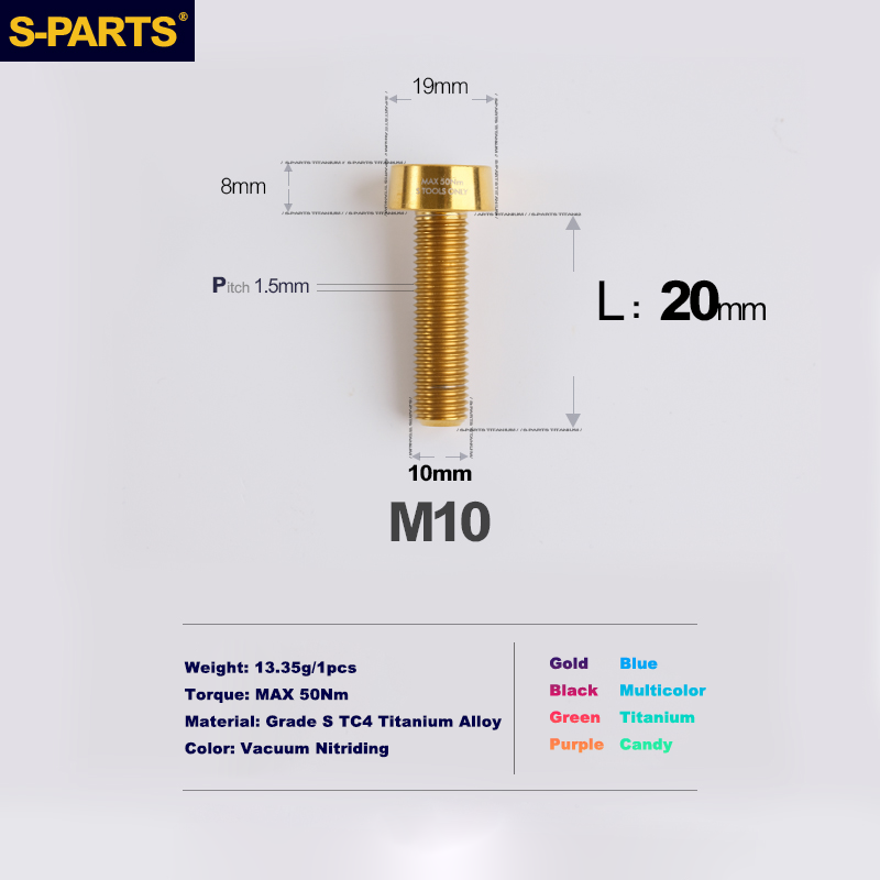 Tornillos antirrobo de titanio S-PARTS M10 D19 P1,5 con varias longitudes (L20, L25, L40, L45, L50, L55, L60, L65, L70) 