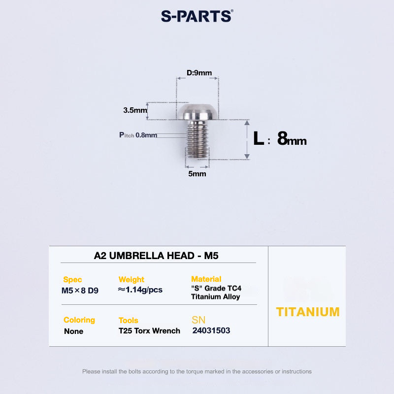 S-PARTS A2 Titanium Button Head Bolts M5 x 8–34mm