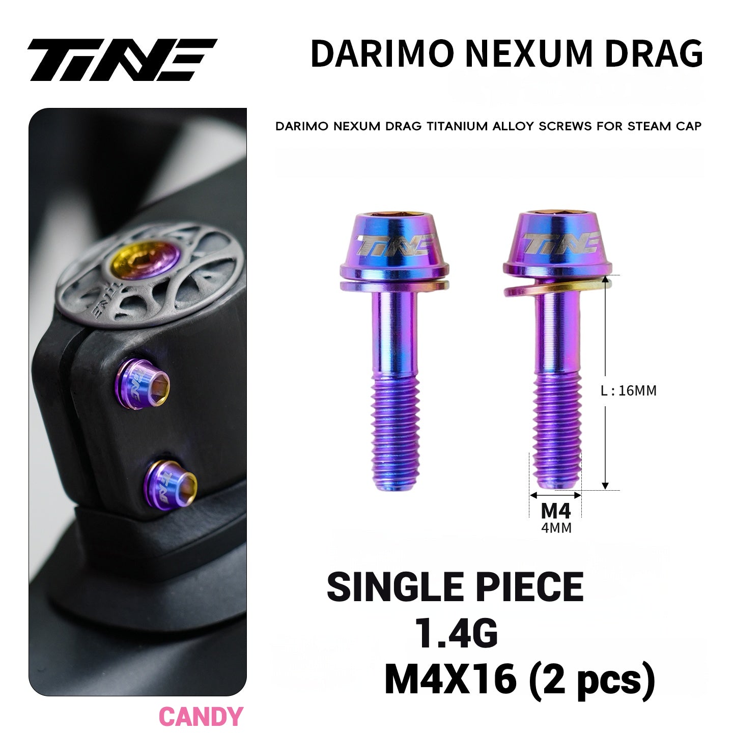 TiNE Titanium Alloy Screws for DARIMO Nexum Drag Integrated Handlebar – M4×16 Lightweight Stem Bolts (8 Colors)