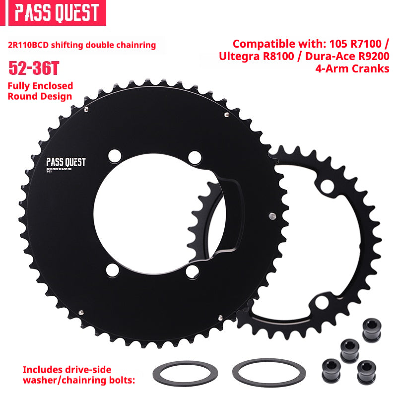 PASS QUEST 2R110BCD Fully Enclosed Chainring for Shimano R9200 / R8100 / R7100 | 11/12-Speed Double Chainring | 7075-T651 CNC Road Bike Chainring