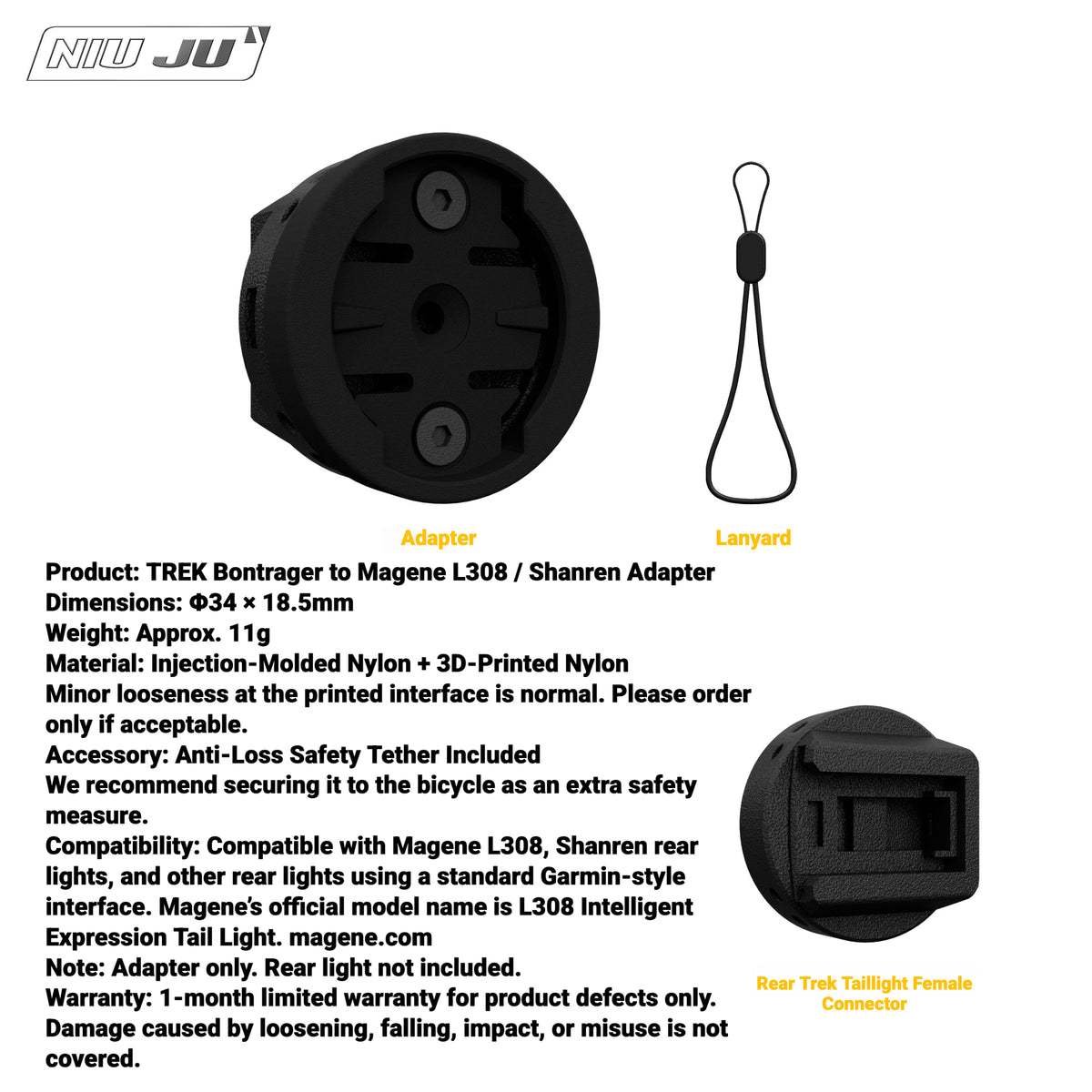 NIUJU Rear Light Adapter for TREK Bontrager Mount | Garmin Varia / Magene Compatible