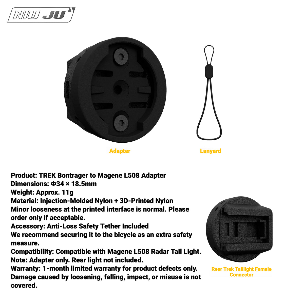 NIUJU Rear Light Adapter for TREK Bontrager Mount | Garmin Varia / Magene Compatible