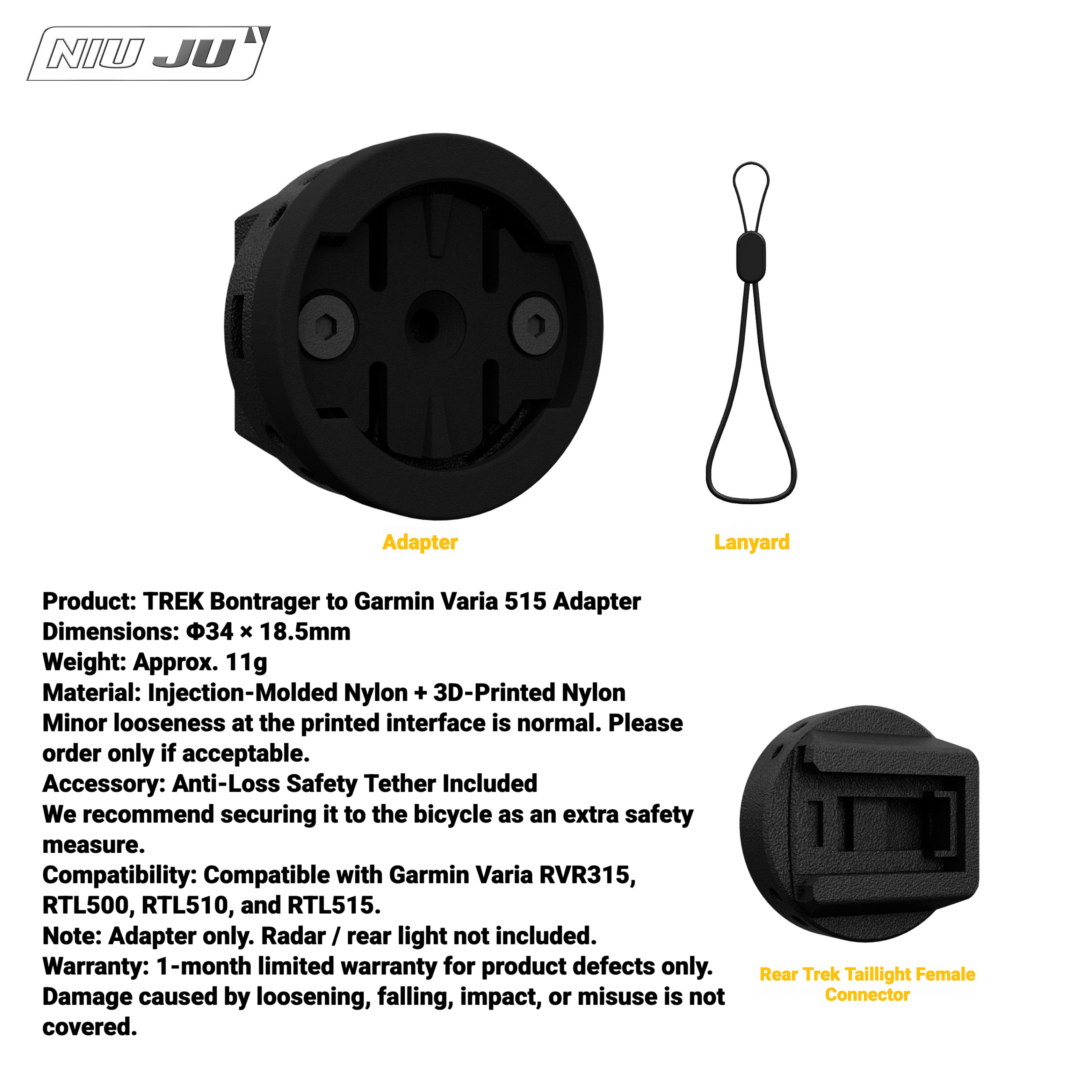 NIUJU Rear Light Adapter for TREK Bontrager Mount | Garmin Varia / Magene Compatible