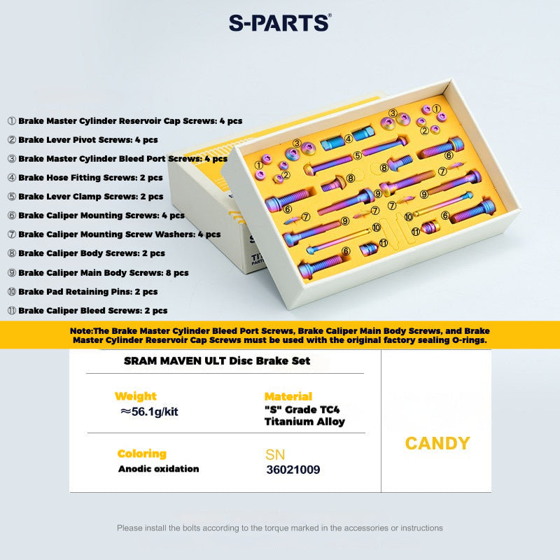 S-PARTS 티타늄 볼트 업그레이드 키트 for SRAM MAVEN 브레이크 | CNC 정밀 가공 | 경량 | 다양한 색상 옵션