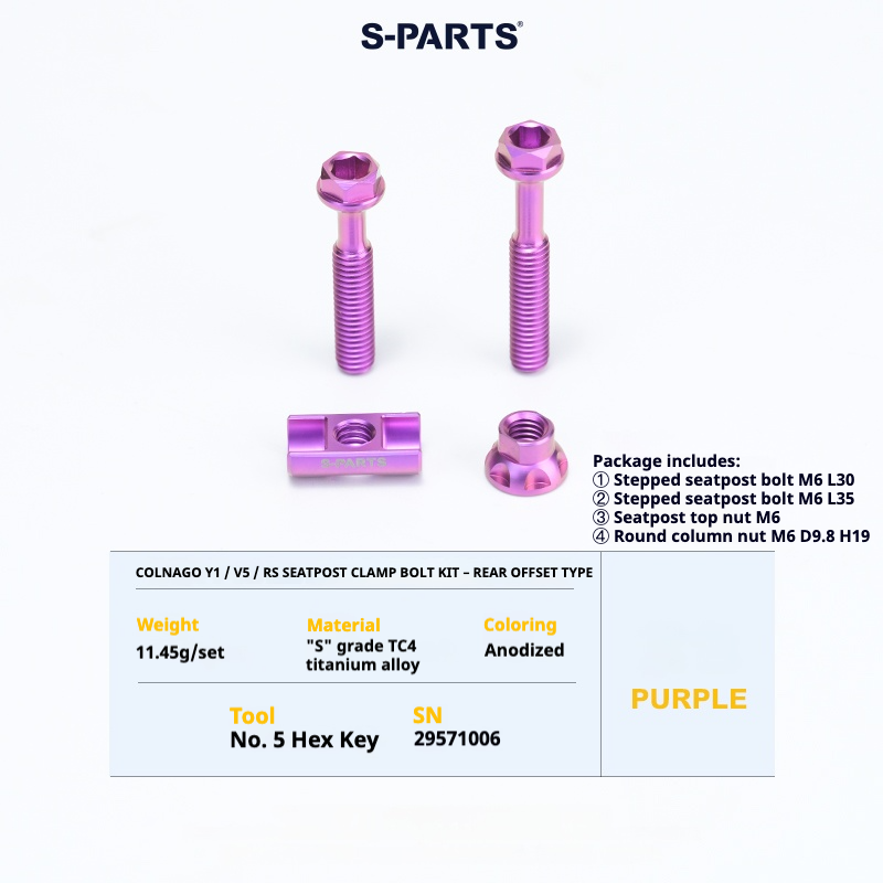 S-PARTS Titanium Seatpost Balance Bolt Kit for Colnago Y1 / V5RS – Straight & Rear-Offset Types – Multi-Color