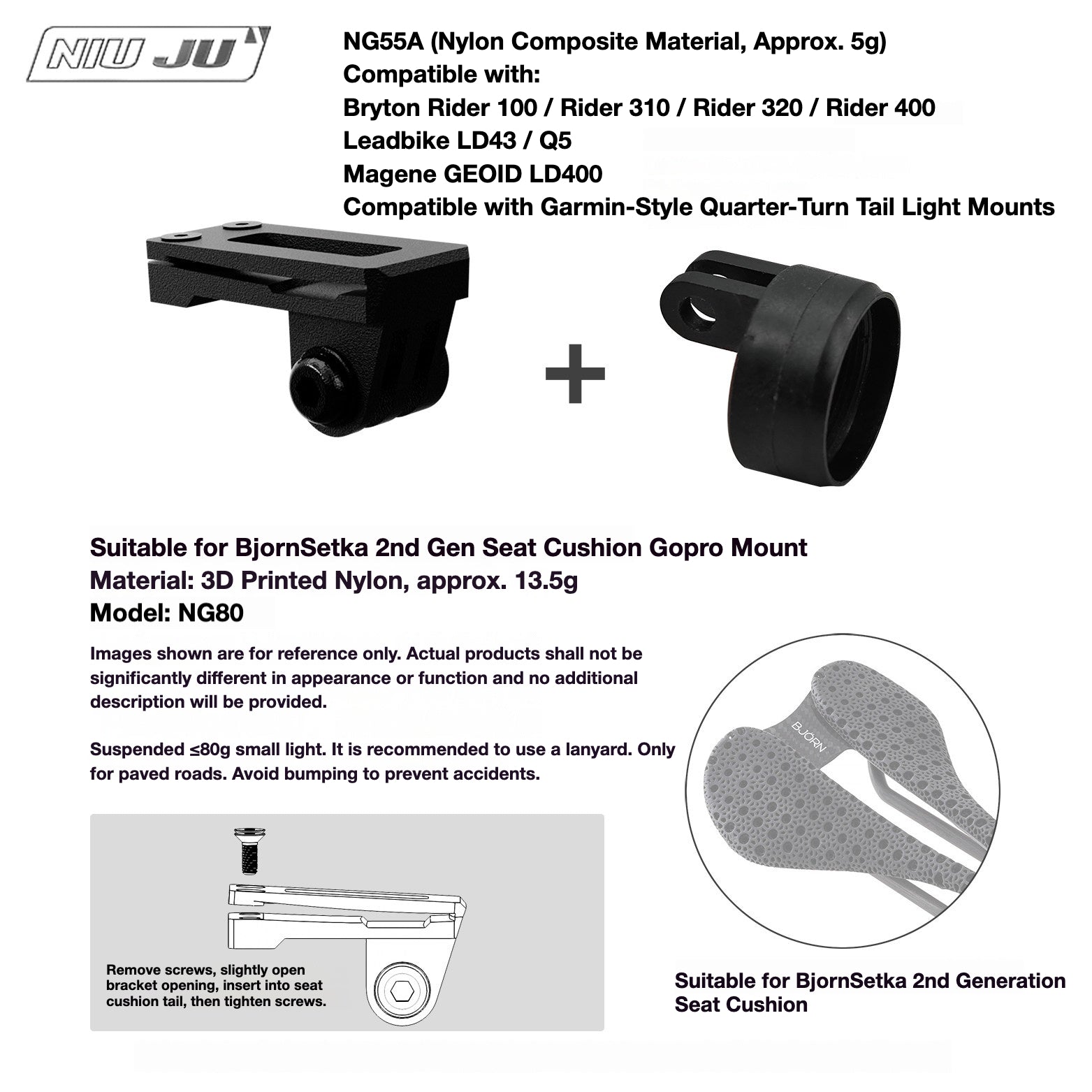 NIUJU Torque Saddle Mount for Bjorn Setka Gen 2 Saddle | GoPro Tail Light & Race Number Holder