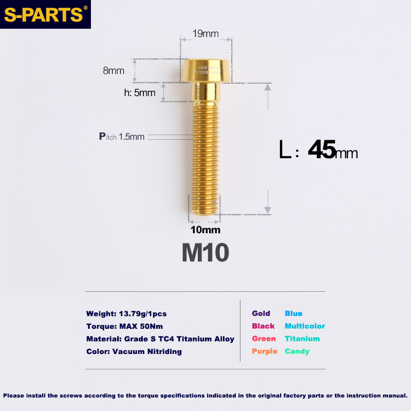 Tornillos antirrobo de titanio S-PARTS M10 D19 P1,5 con varias longitudes (L20, L25, L40, L45, L50, L55, L60, L65, L70) 