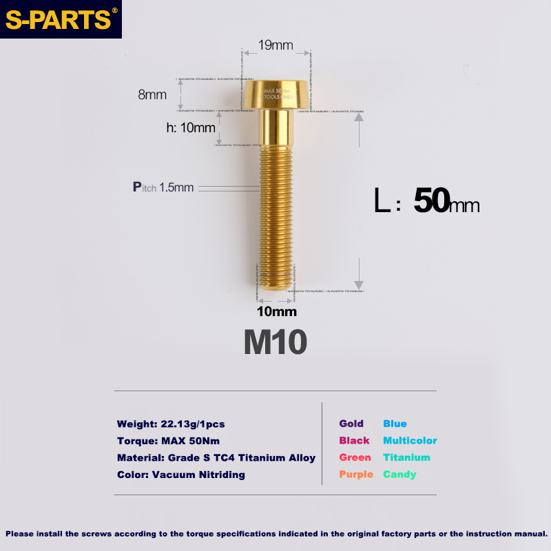 Tornillos antirrobo de titanio S-PARTS M10 D19 P1,5 con varias longitudes (L20, L25, L40, L45, L50, L55, L60, L65, L70) 
