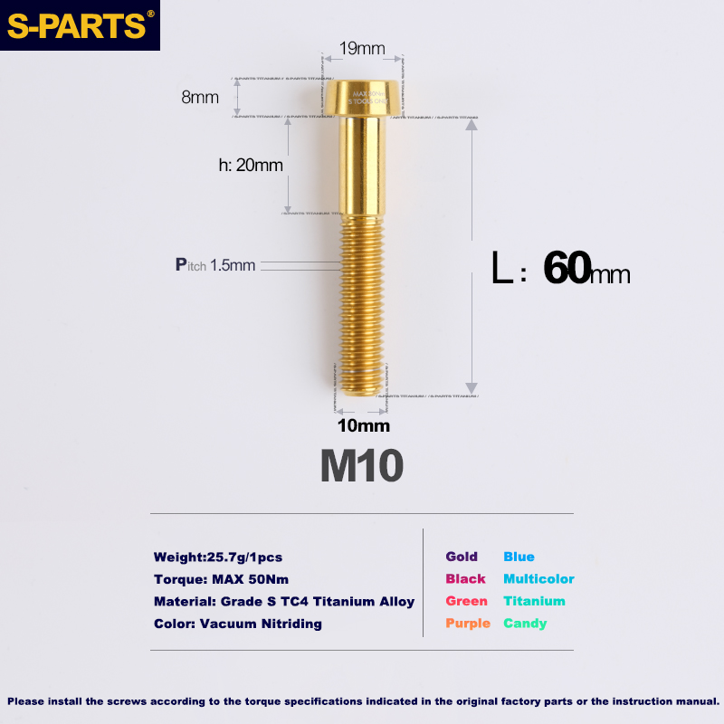 Tornillos antirrobo de titanio S-PARTS M10 D19 P1,5 con varias longitudes (L20, L25, L40, L45, L50, L55, L60, L65, L70) 