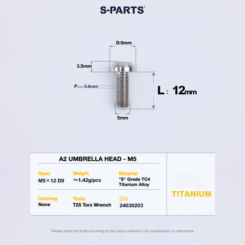 S-PARTS A2 Titanium Button Head Bolts M5 x 8–34mm