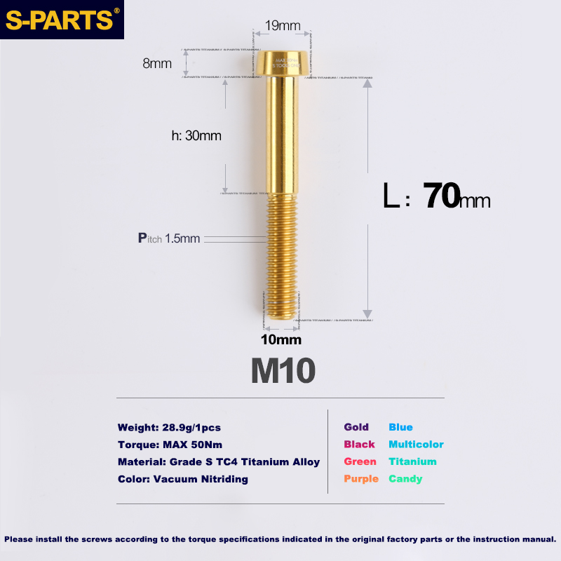 Tornillos antirrobo de titanio S-PARTS M10 D19 P1,5 con varias longitudes (L20, L25, L40, L45, L50, L55, L60, L65, L70) 