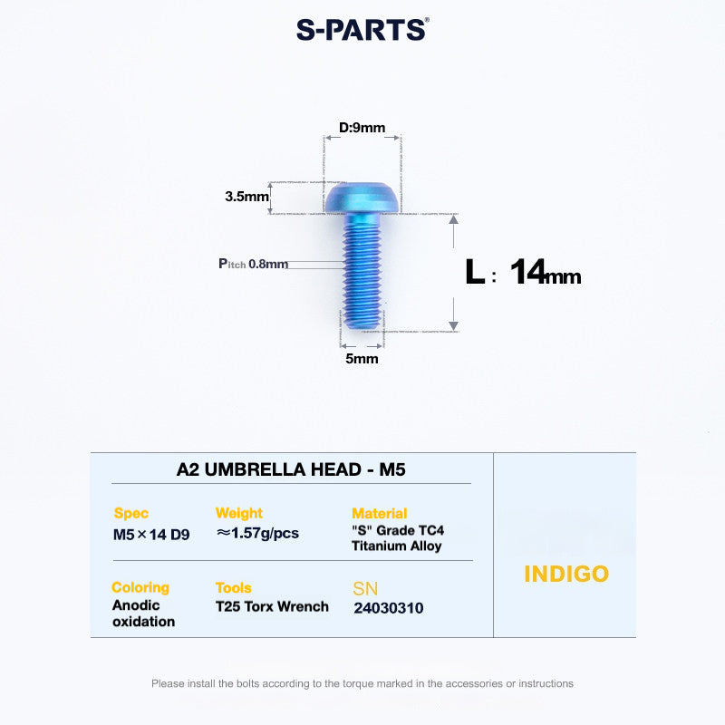 S-PARTS A2 Titanium Button Head Bolts M5 x 8–34mm