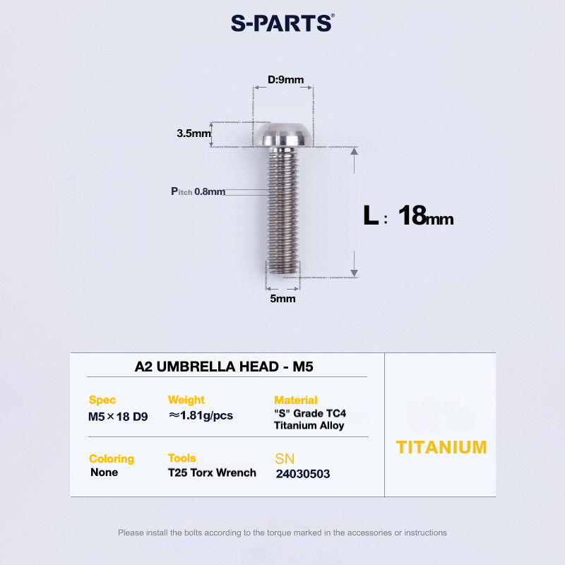 S-PARTS A2 Titanium Button Head Bolts M5 x 8–34mm