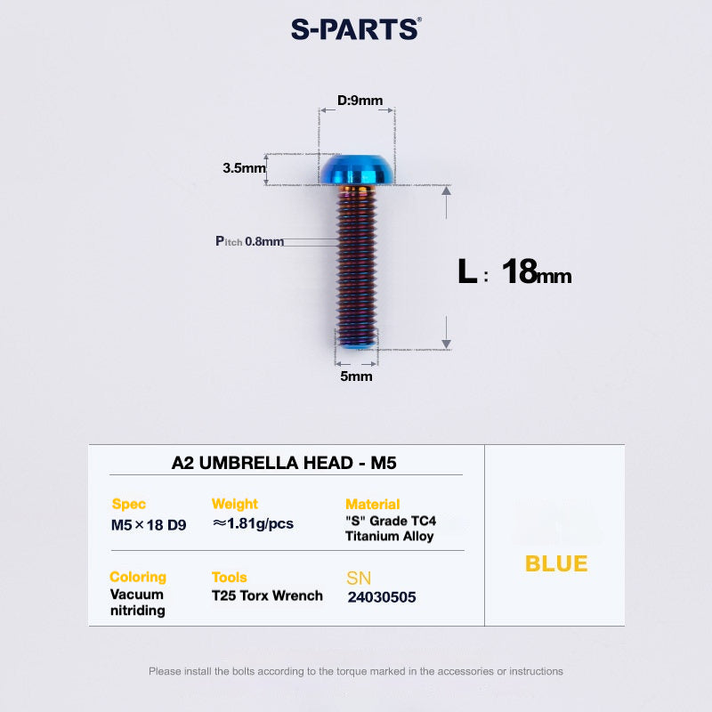 S-PARTS A2 Titanium Button Head Bolts M5 x 8–34mm