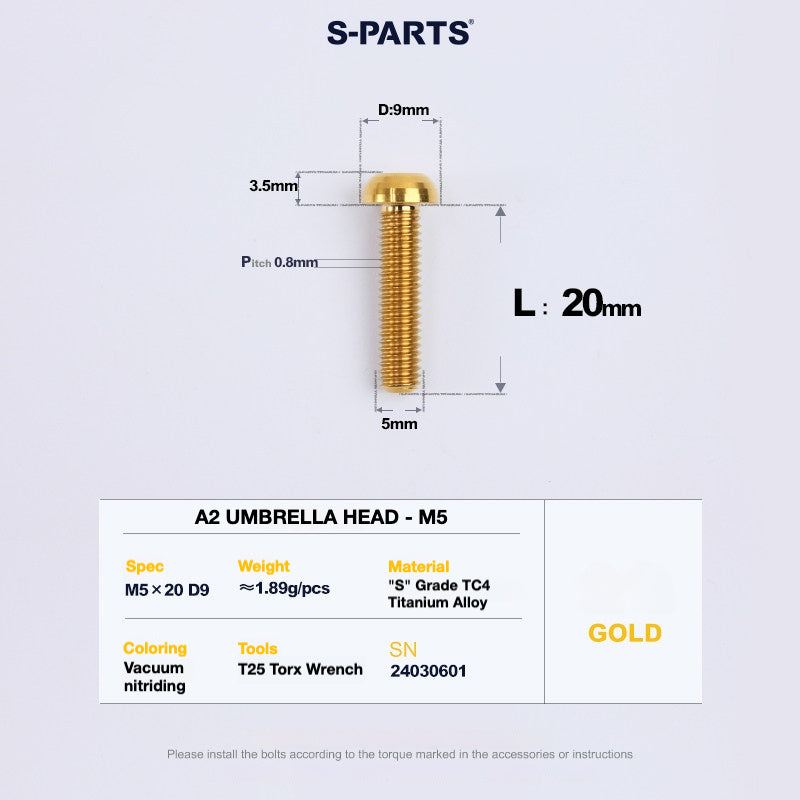 S-PARTS A2 Titanium Button Head Bolts M5 x 8–34mm