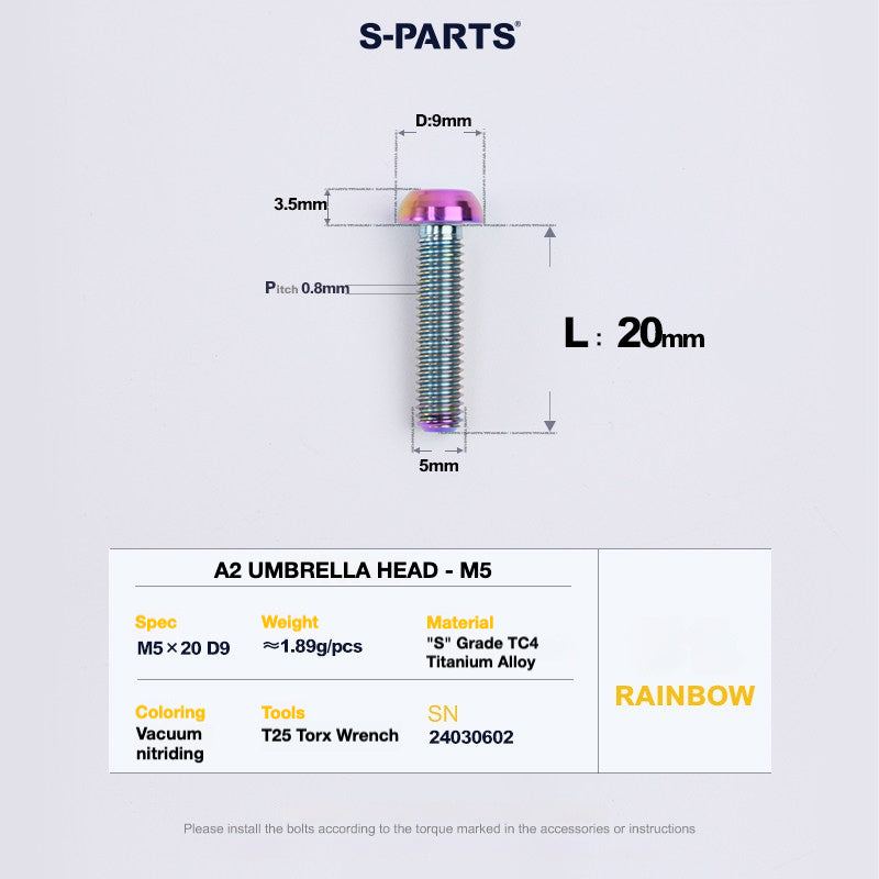 S-PARTS A2 Titanium Button Head Bolts M5 x 8–34mm