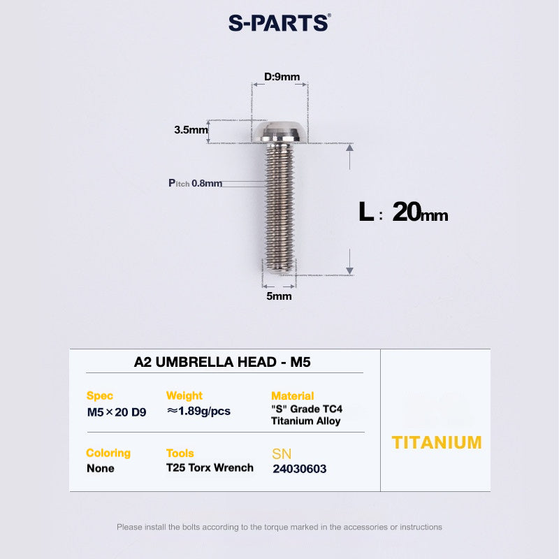 S-PARTS A2 Titanium Button Head Bolts M5 x 8–34mm