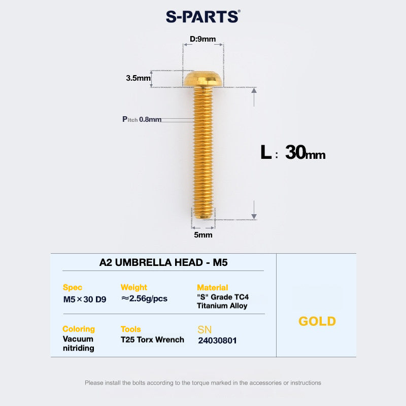 S-PARTS A2 Titanium Button Head Bolts M5 x 8–34mm