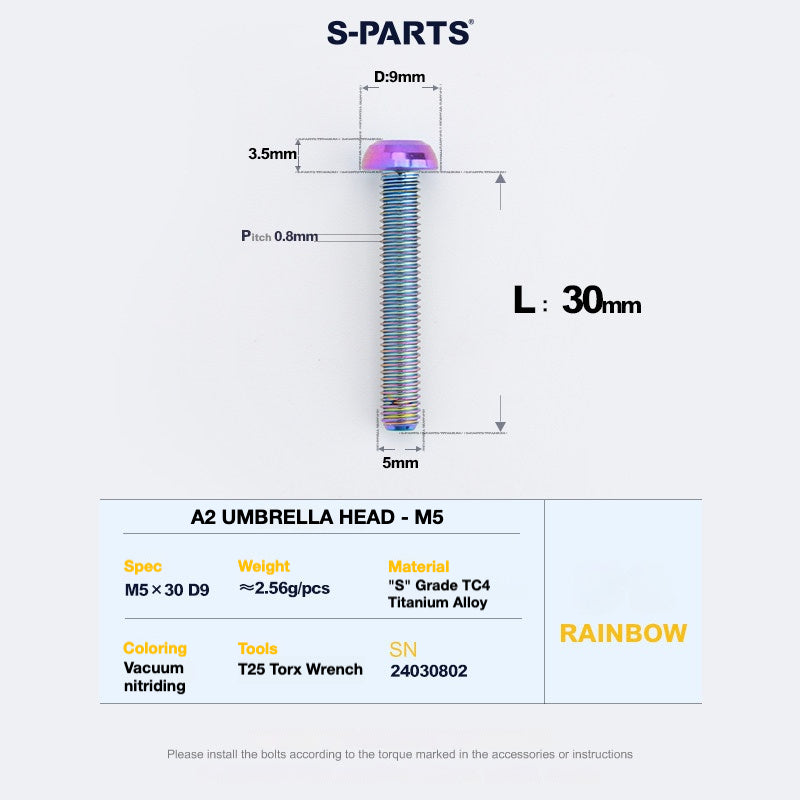 S-PARTS A2 Titanium Button Head Bolts M5 x 8–34mm