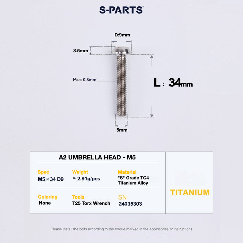 S-PARTS A2 Titanium Button Head Bolts M5 x 8–34mm